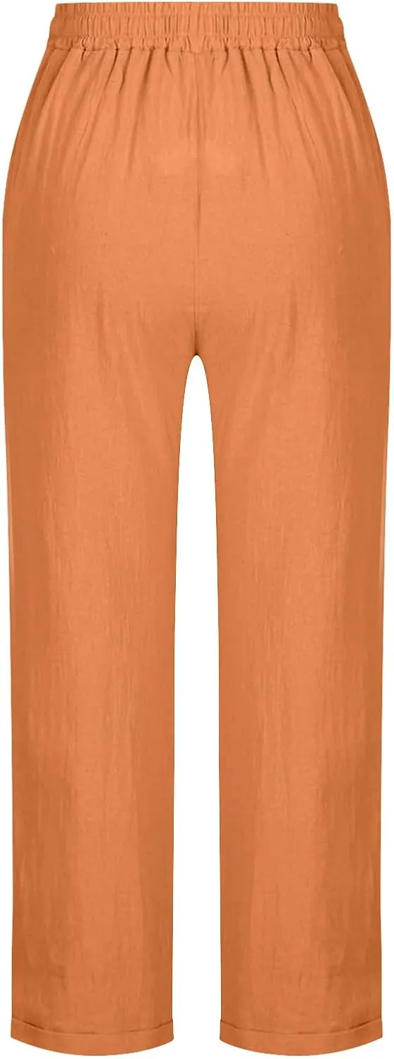 Womens Casual Cotton Linen Pants Lightweight Summer Relax Fit Drawstring Waist Plus Size Solid Lounge Long Trousers