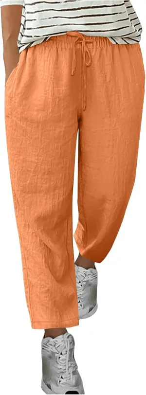 Womens Casual Cotton Linen Pants Lightweight Summer Relax Fit Drawstring Waist Plus Size Solid Lounge Long Trousers