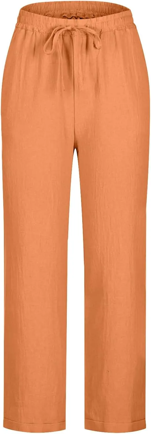 Womens Casual Cotton Linen Pants Lightweight Summer Relax Fit Drawstring Waist Plus Size Solid Lounge Long Trousers