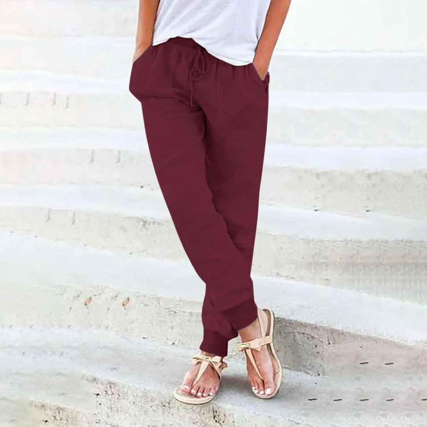 Womens Casual Pants Summer Linen Joggers Straight Leg Comfy Elastic High Waisted Beach Pants Loose Gauze Pants with Pockets
