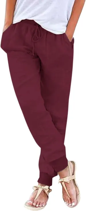 Womens Casual Pants Summer Linen Joggers Straight Leg Comfy Elastic High Waisted Beach Pants Loose Gauze Pants with Pockets