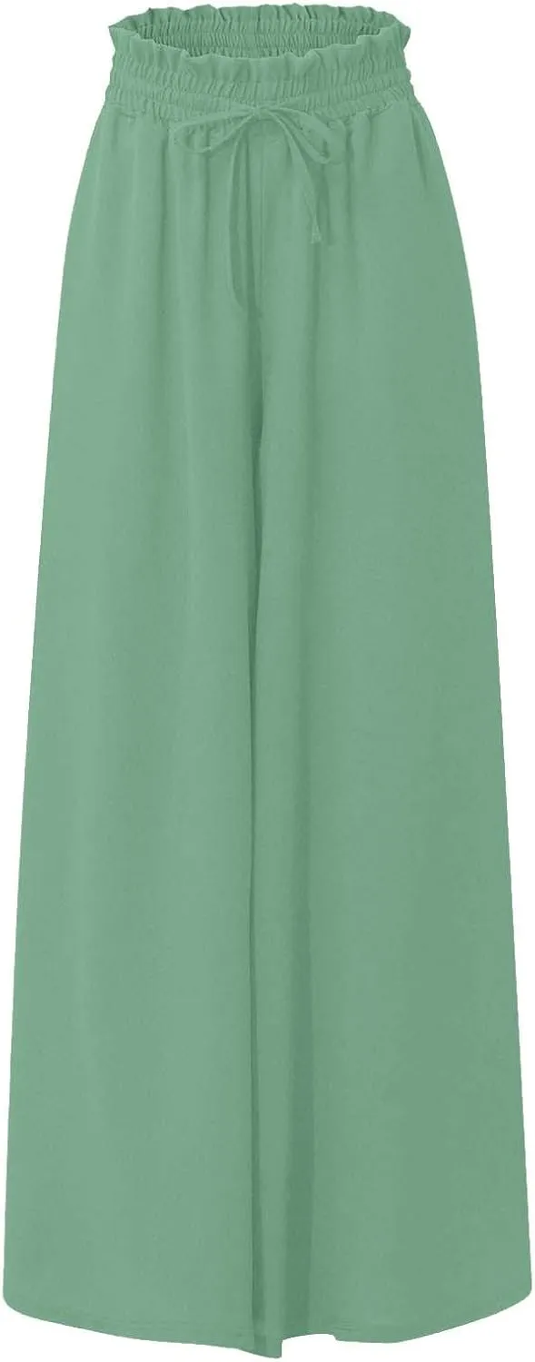 Womens Casual Pants Wide Leg Elastic Waisted Chiffon Baggy Flowy Long Lounge Trousers Beach Vacation Pant with Pockets