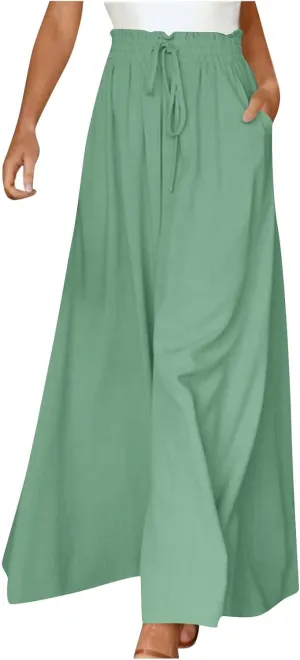 Womens Casual Pants Wide Leg Elastic Waisted Chiffon Baggy Flowy Long Lounge Trousers Beach Vacation Pant with Pockets