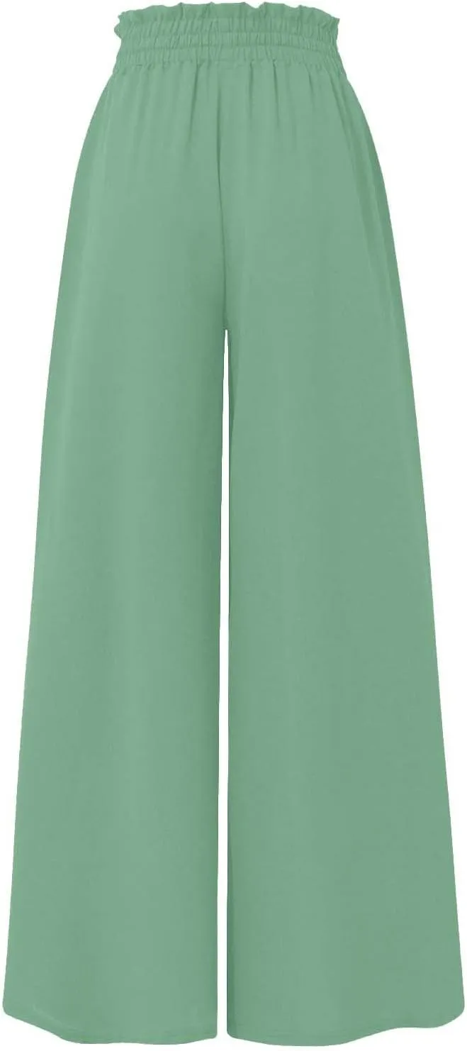 Womens Casual Pants Wide Leg Elastic Waisted Chiffon Baggy Flowy Long Lounge Trousers Beach Vacation Pant with Pockets