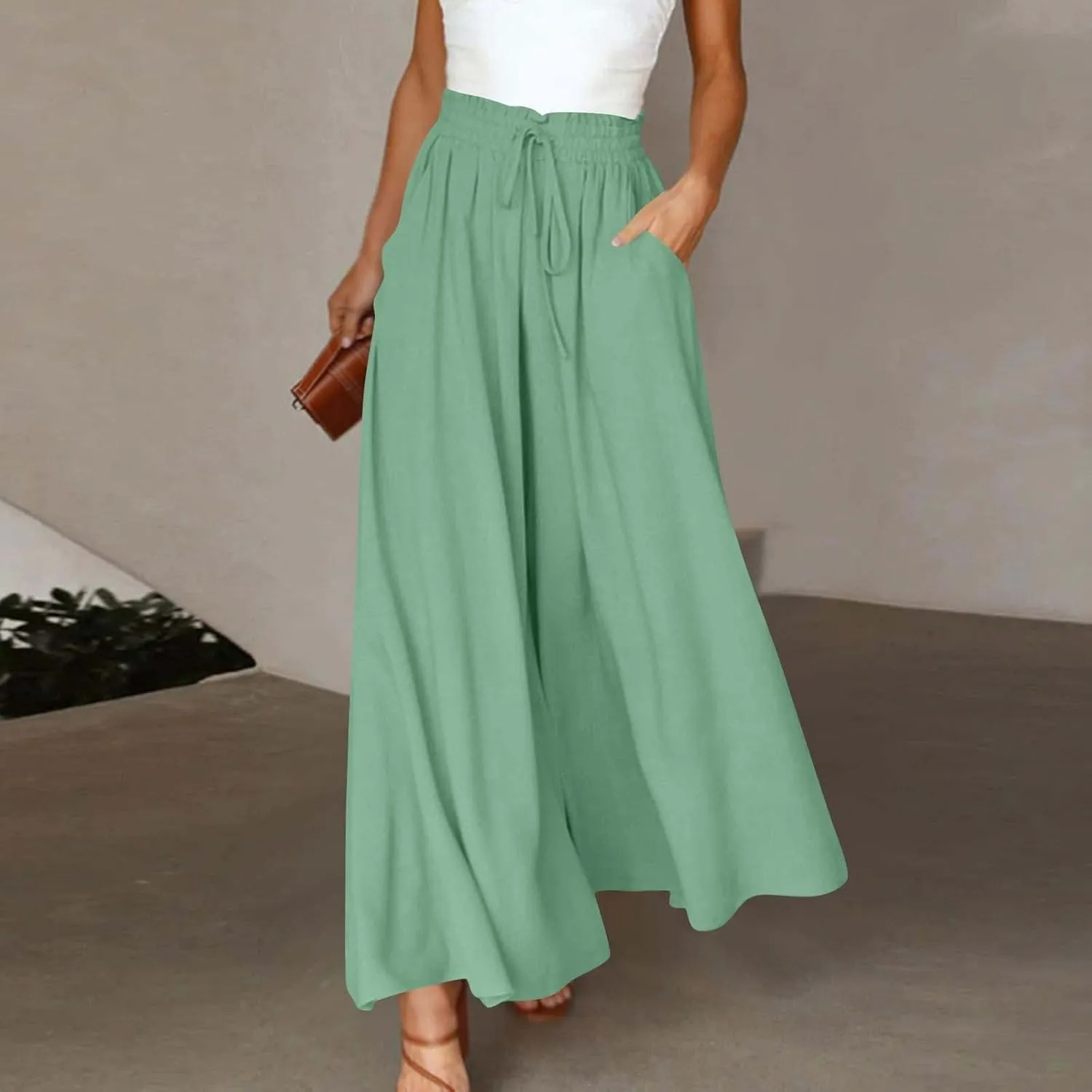 Womens Casual Pants Wide Leg Elastic Waisted Chiffon Baggy Flowy Long Lounge Trousers Beach Vacation Pant with Pockets