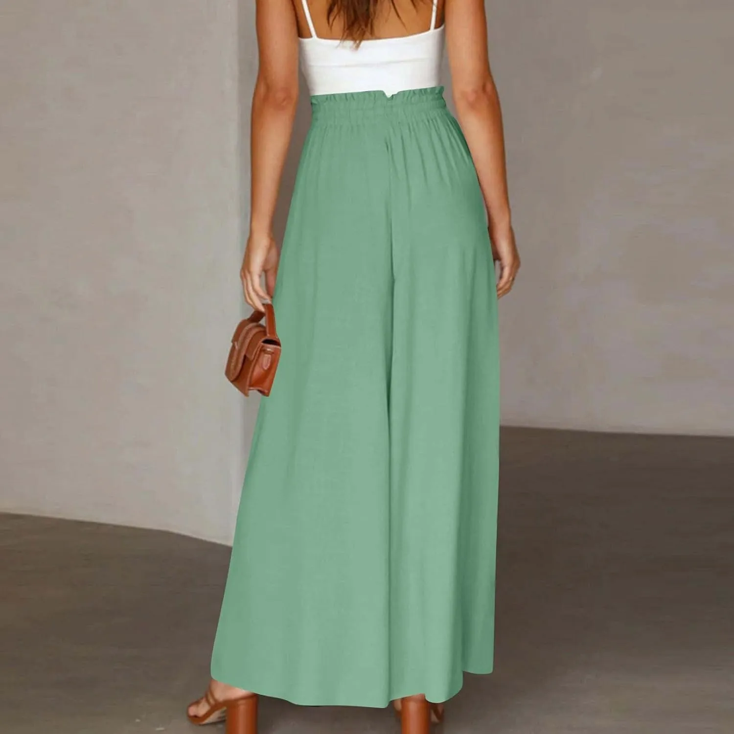 Womens Casual Pants Wide Leg Elastic Waisted Chiffon Baggy Flowy Long Lounge Trousers Beach Vacation Pant with Pockets