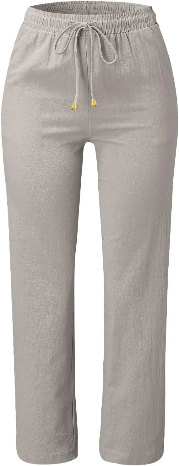 Women's Casual Pants,Plus Size Women's Wide Leg Pants Linen Blend with Side Pockets, Drawstring Waist