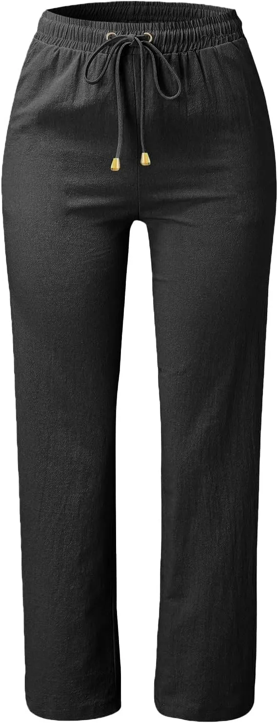Women's Casual Pants,Plus Size Women's Wide Leg Pants Linen Blend with Side Pockets, Drawstring Waist
