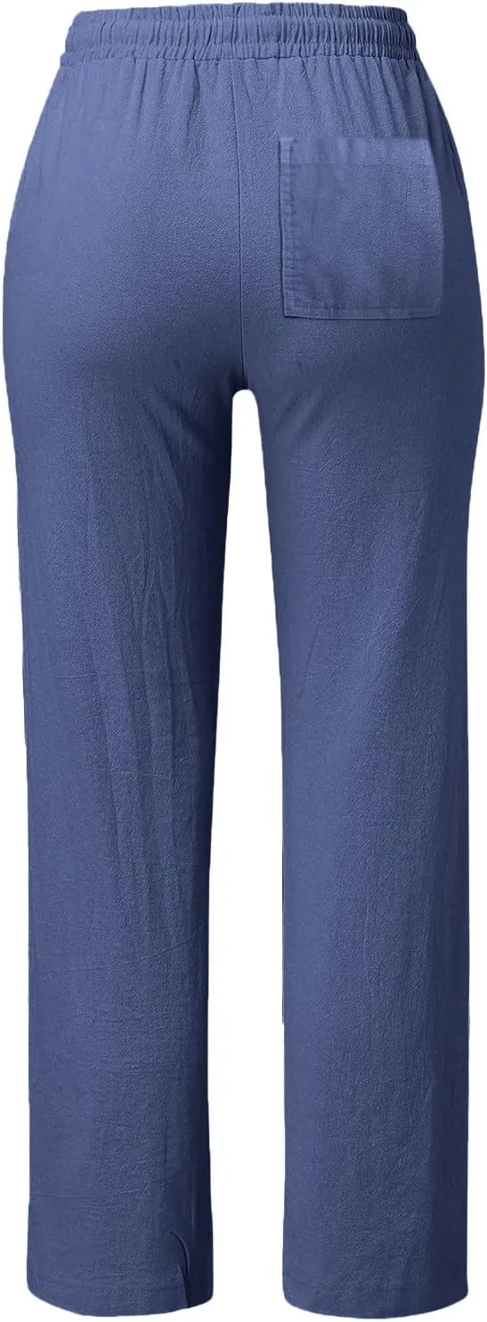 Women's Casual Pants,Plus Size Women's Wide Leg Pants Linen Blend with Side Pockets, Drawstring Waist