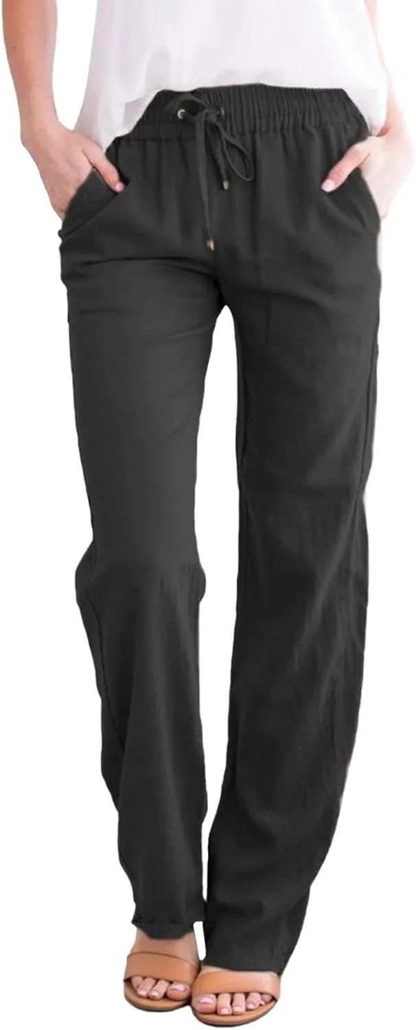 Women's Casual Pants,Plus Size Women's Wide Leg Pants Linen Blend with Side Pockets, Drawstring Waist