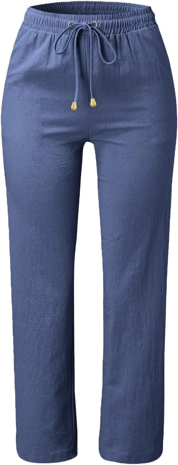 Women's Casual Pants,Plus Size Women's Wide Leg Pants Linen Blend with Side Pockets, Drawstring Waist