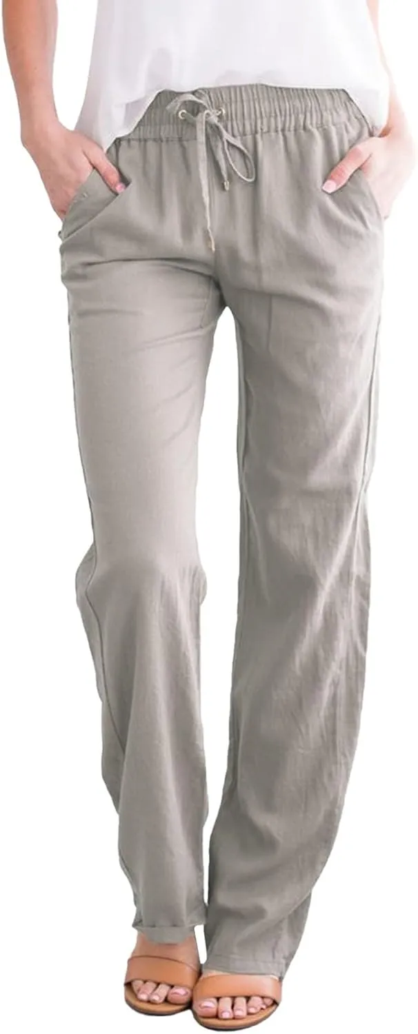 Women's Casual Pants,Plus Size Women's Wide Leg Pants Linen Blend with Side Pockets, Drawstring Waist