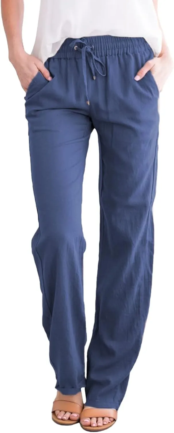 Women's Casual Pants,Plus Size Women's Wide Leg Pants Linen Blend with Side Pockets, Drawstring Waist