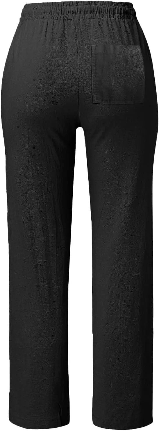 Women's Casual Pants,Plus Size Women's Wide Leg Pants Linen Blend with Side Pockets, Drawstring Waist