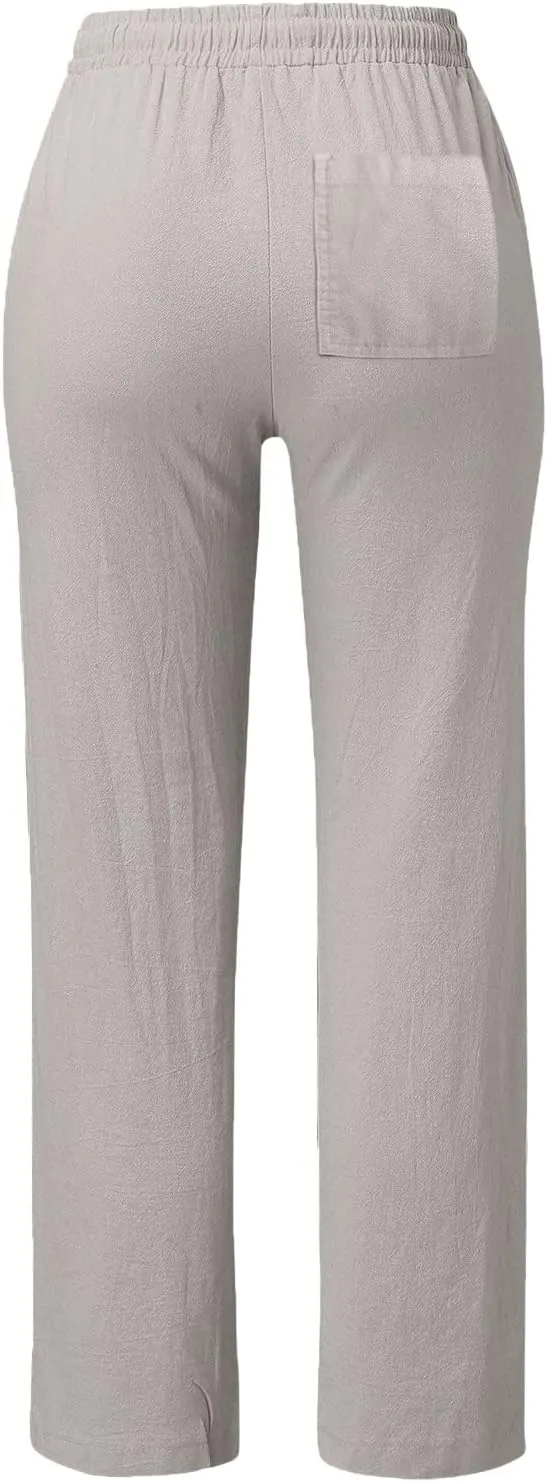 Women's Casual Pants,Plus Size Women's Wide Leg Pants Linen Blend with Side Pockets, Drawstring Waist