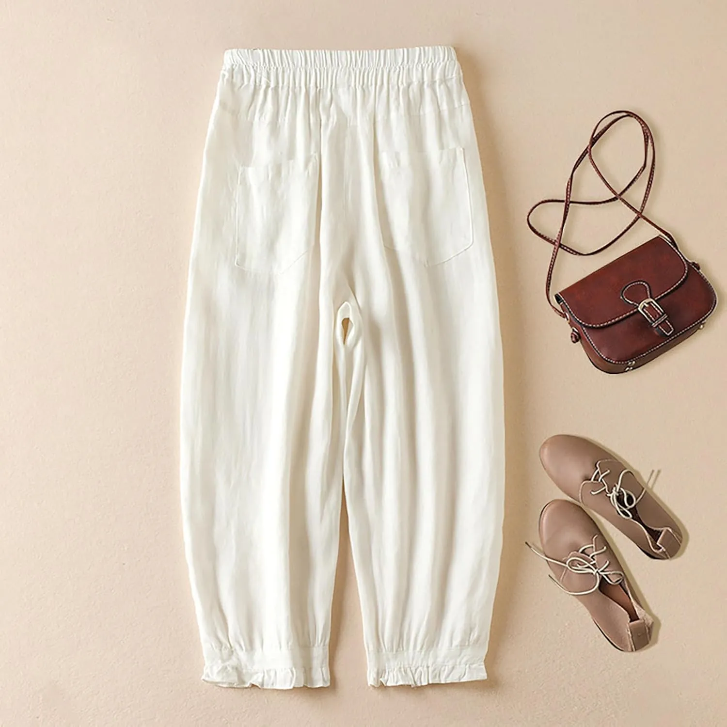 Womens Cotton Linen Capri Pants Casual Summer Elastic Wastic Loose Palazzo Harem Pants Wide Leg Trouser with Pockets