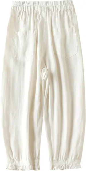 Womens Cotton Linen Capri Pants Casual Summer Elastic Wastic Loose Palazzo Harem Pants Wide Leg Trouser with Pockets