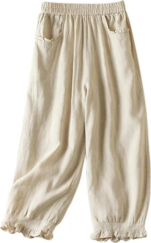 Womens Cotton Linen Capri Pants Casual Summer Elastic Wastic Loose Palazzo Harem Pants Wide Leg Trouser with Pockets