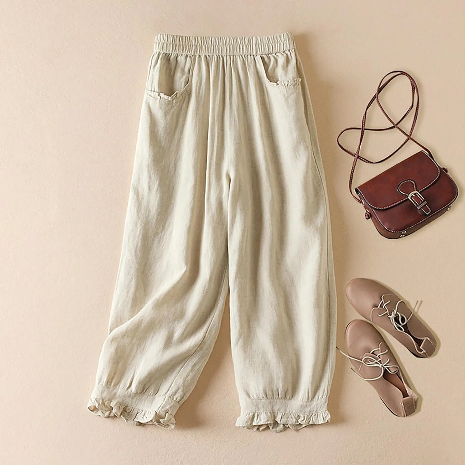 Womens Cotton Linen Capri Pants Casual Summer Elastic Wastic Loose Palazzo Harem Pants Wide Leg Trouser with Pockets
