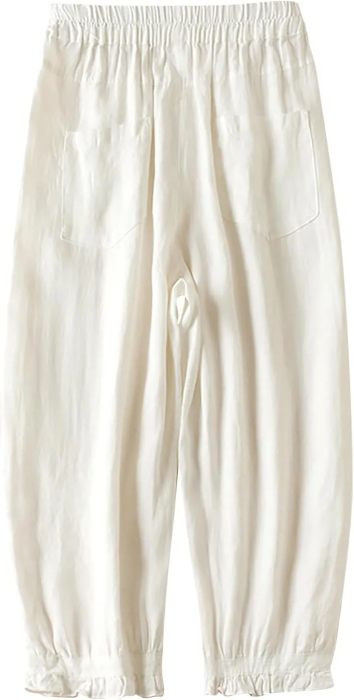 Womens Cotton Linen Capri Pants Casual Summer Elastic Wastic Loose Palazzo Harem Pants Wide Leg Trouser with Pockets