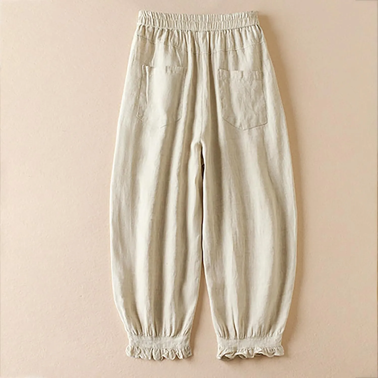 Womens Cotton Linen Capri Pants Casual Summer Elastic Wastic Loose Palazzo Harem Pants Wide Leg Trouser with Pockets