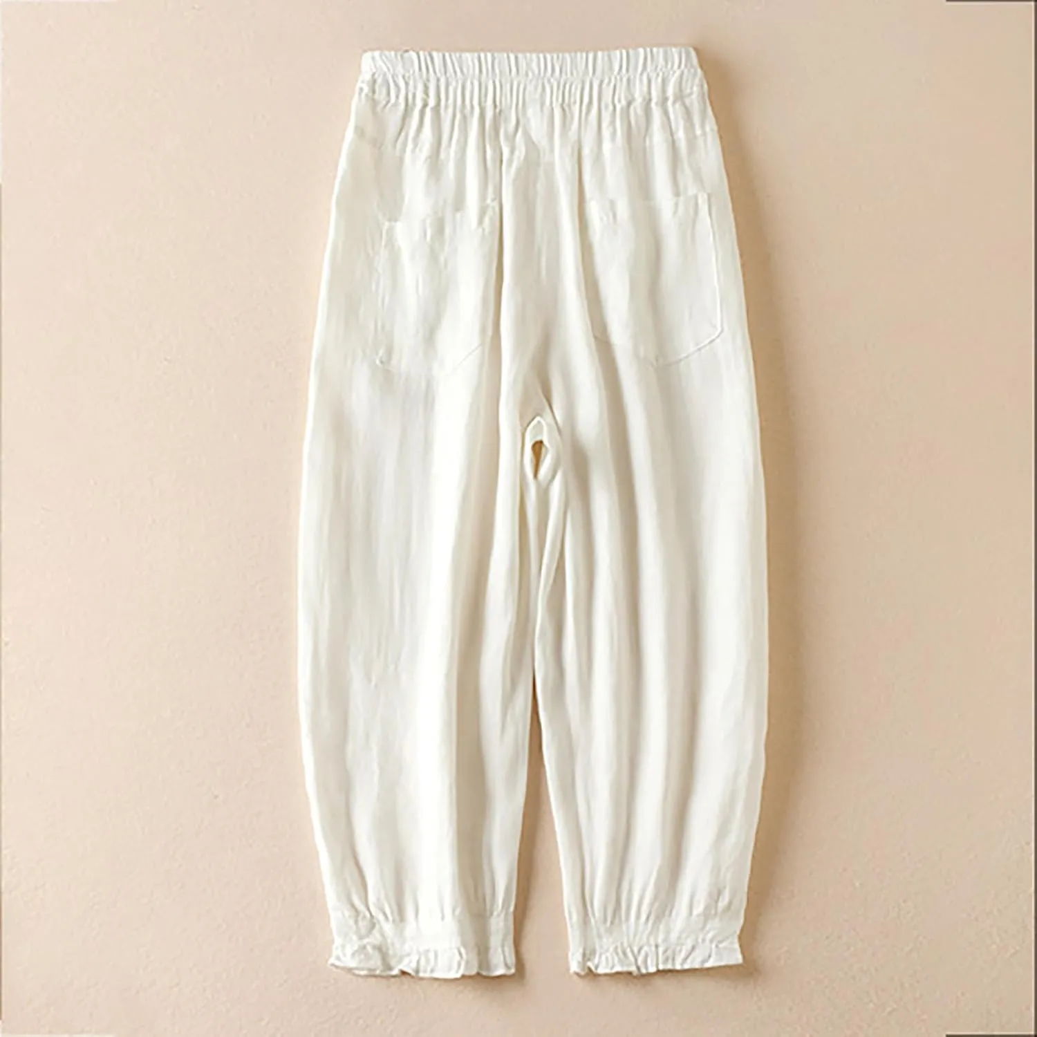 Womens Cotton Linen Capri Pants Casual Summer Elastic Wastic Loose Palazzo Harem Pants Wide Leg Trouser with Pockets