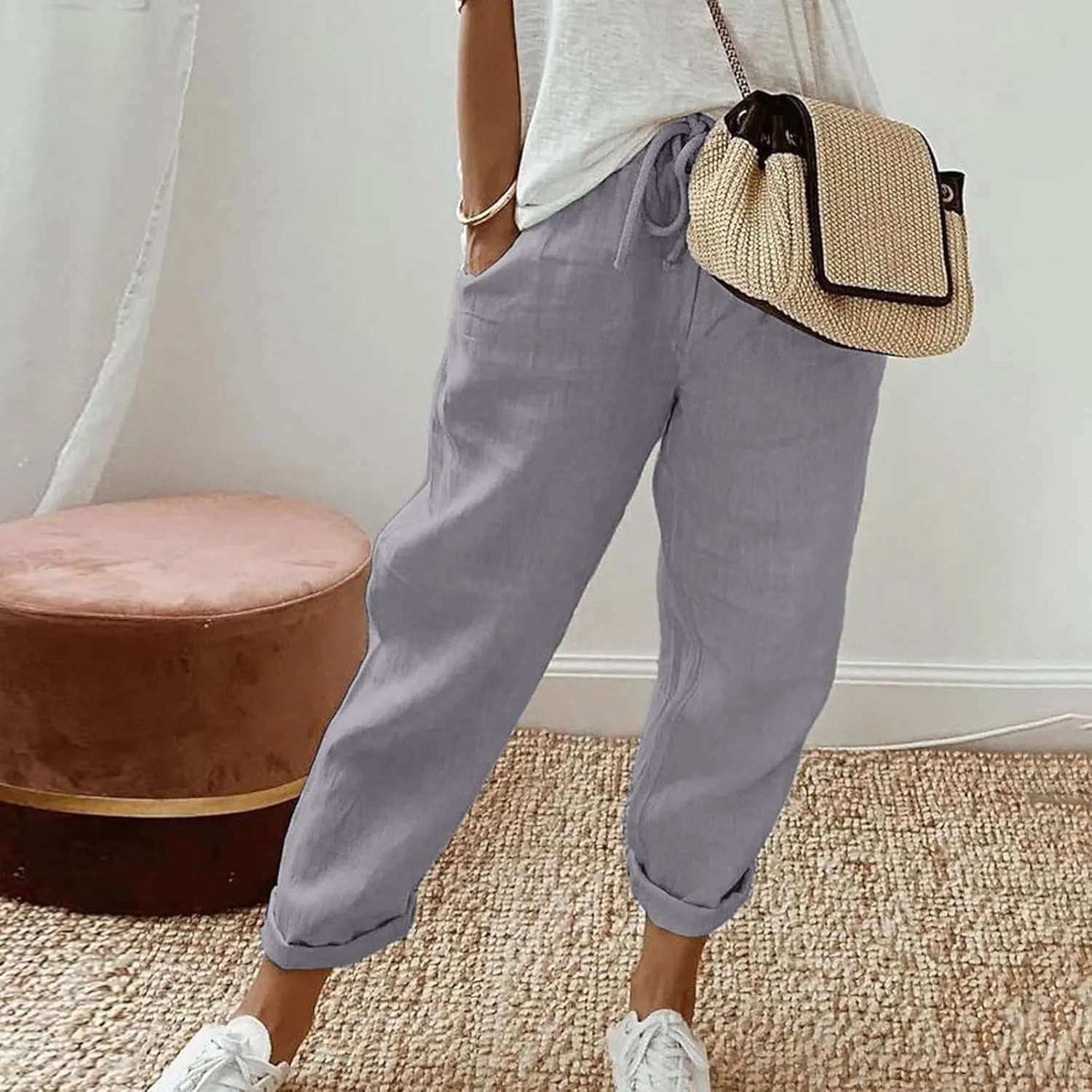 Women's Cotton Linen Pants Casual Summer High Waisted Wide Leg Cropped Baggy Lounge Pants Trousers with Pockets Beach