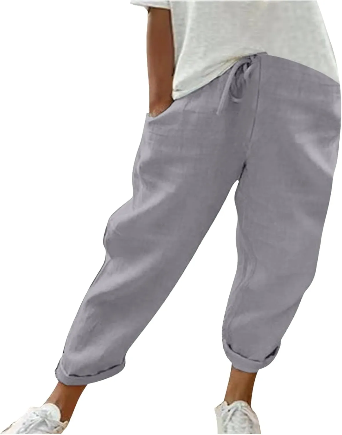 Women's Cotton Linen Pants Casual Summer High Waisted Wide Leg Cropped Baggy Lounge Pants Trousers with Pockets Beach