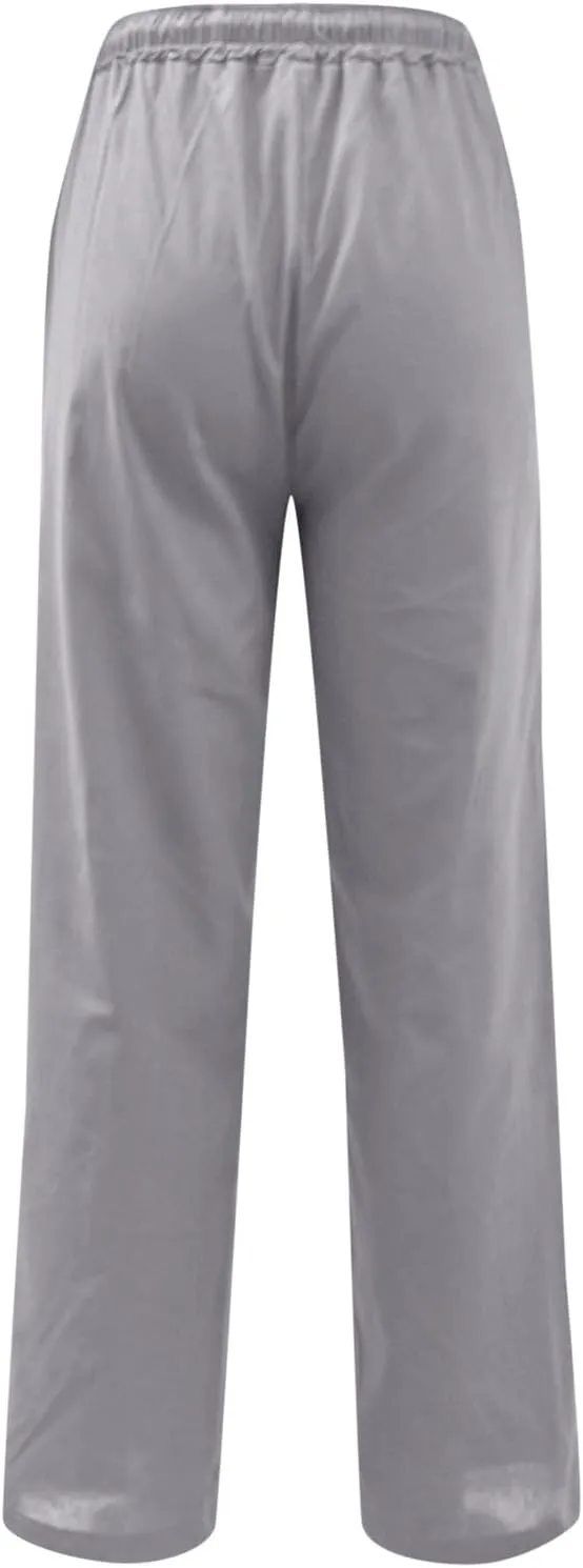 Women's Cotton Linen Pants Casual Summer High Waisted Wide Leg Cropped Baggy Lounge Pants Trousers with Pockets Beach