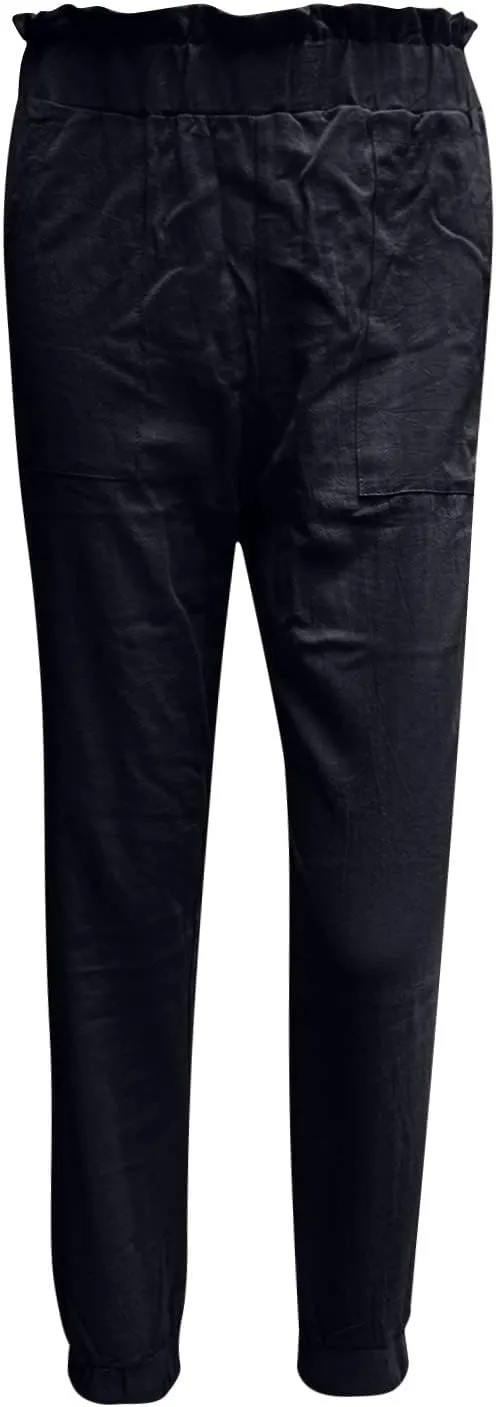 Women's Cotton Linen Tapered Leg Pants Elastic Drawstring Casual Trousers Summer Beach Lounge Cargo Pants with Pockets