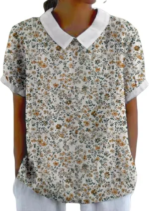 Womens Lapel Boho Floral Print T-Shirts Short Sleeve Summer Vintage Casual Tops for Women
