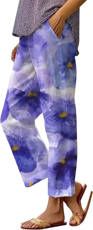 Women's Linen Capris Pants Casual Loose High Waist Wide Leg Cropped Boho Palazzo Beach Pant Spring Outfits Trendy