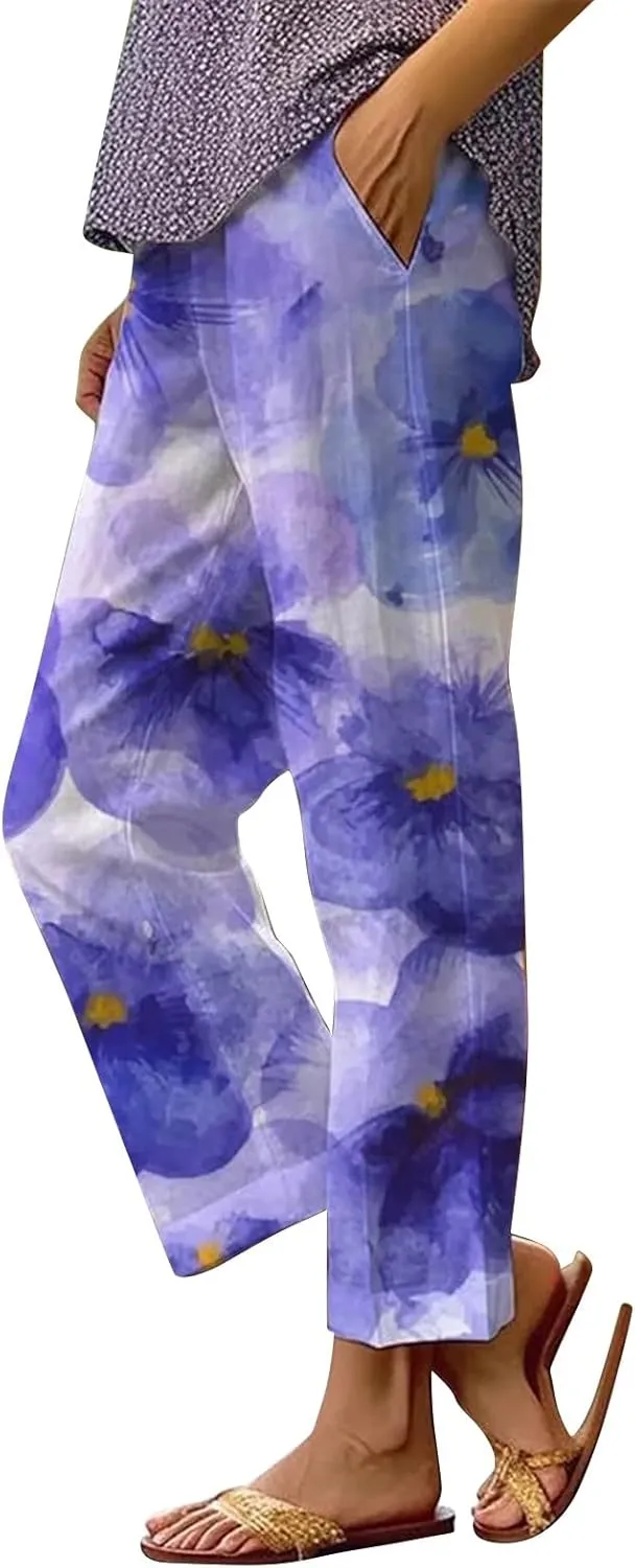 Women's Linen Capris Pants Casual Loose High Waist Wide Leg Cropped Boho Palazzo Beach Pant Spring Outfits Trendy
