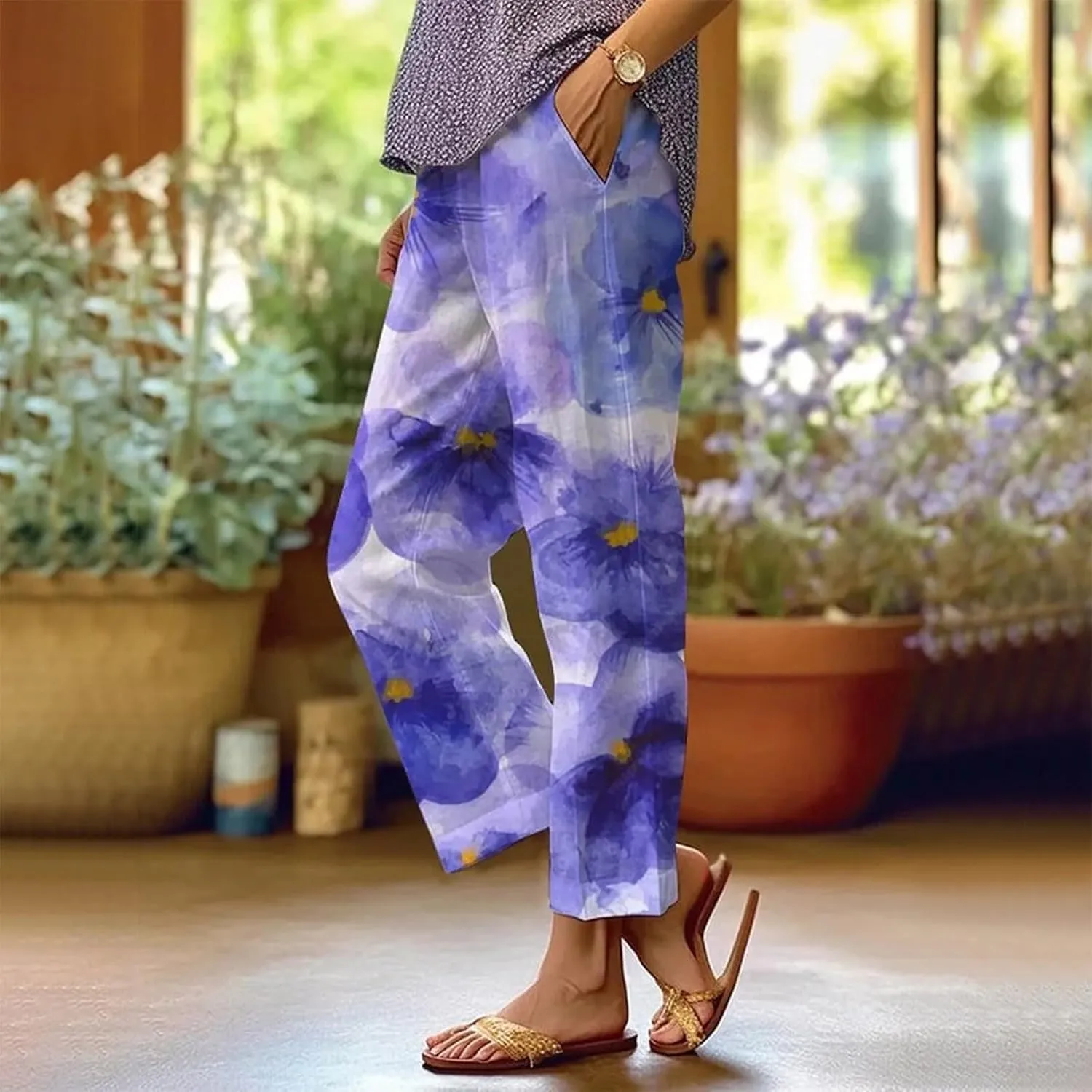 Women's Linen Capris Pants Casual Loose High Waist Wide Leg Cropped Boho Palazzo Beach Pant Spring Outfits Trendy