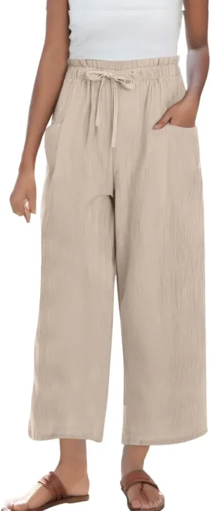 Women's Linen Pants Casual Drawstring High Waisted Wide Leg Capri Pant Summer Baggy Palazzo Trousers with Pockets