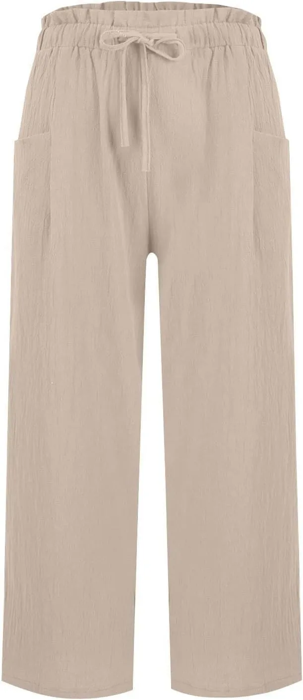 Women's Linen Pants Casual Drawstring High Waisted Wide Leg Capri Pant Summer Baggy Palazzo Trousers with Pockets