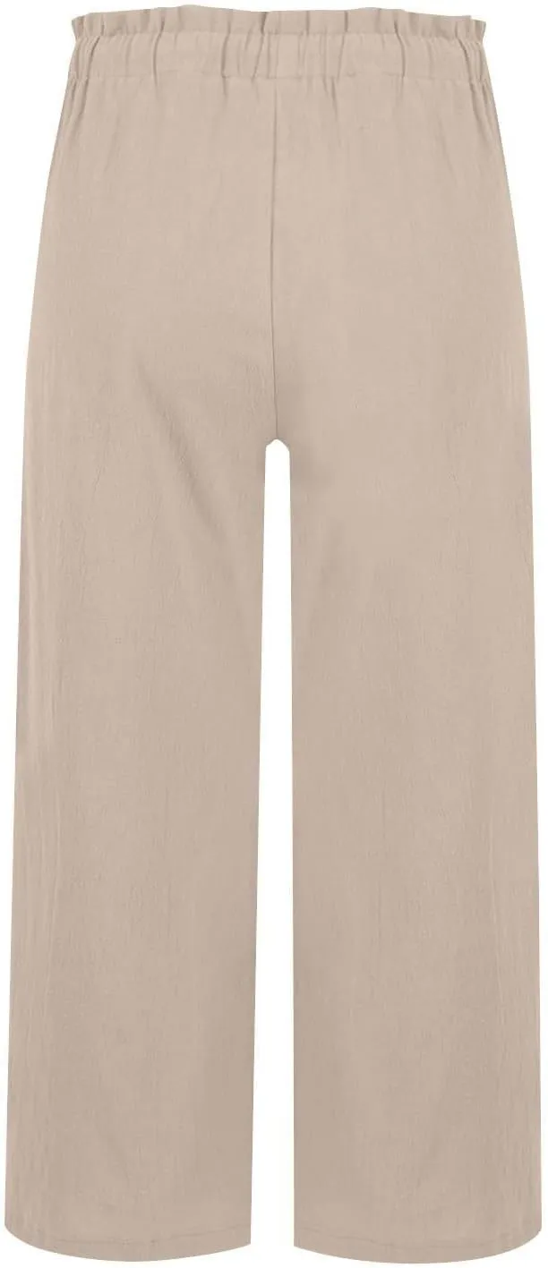 Women's Linen Pants Casual Drawstring High Waisted Wide Leg Capri Pant Summer Baggy Palazzo Trousers with Pockets