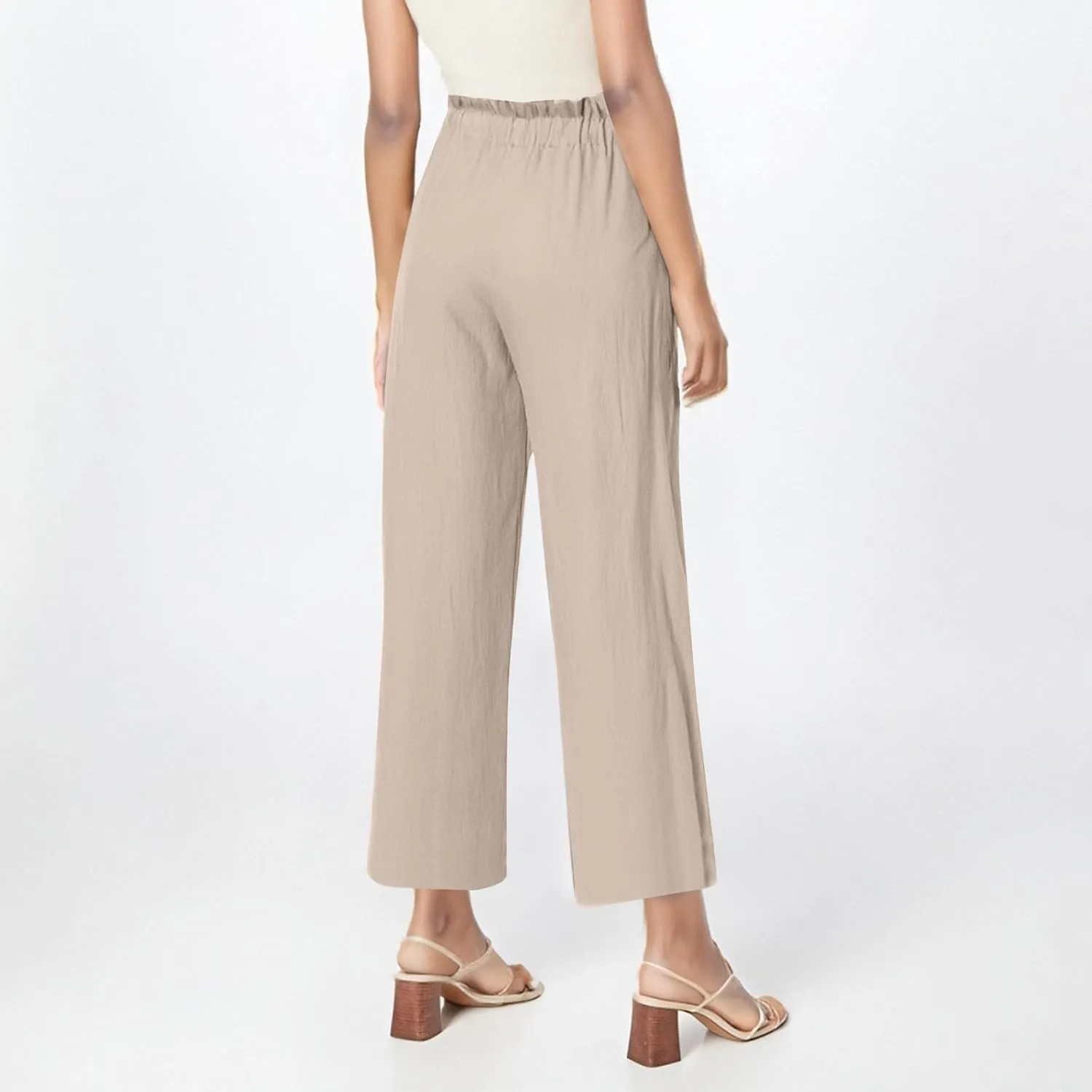 Women's Linen Pants Casual Drawstring High Waisted Wide Leg Capri Pant Summer Baggy Palazzo Trousers with Pockets