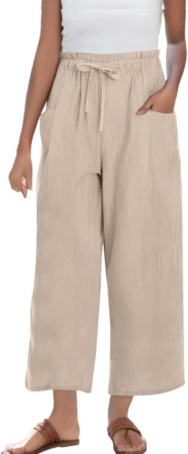 Women's Linen Pants Casual Drawstring High Waisted Wide Leg Capri Pant Summer Baggy Palazzo Trousers with Pockets