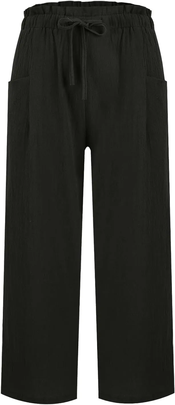 Women's Linen Pants Casual Drawstring High Waisted Wide Leg Capri Pant Summer Baggy Palazzo Trousers with Pockets