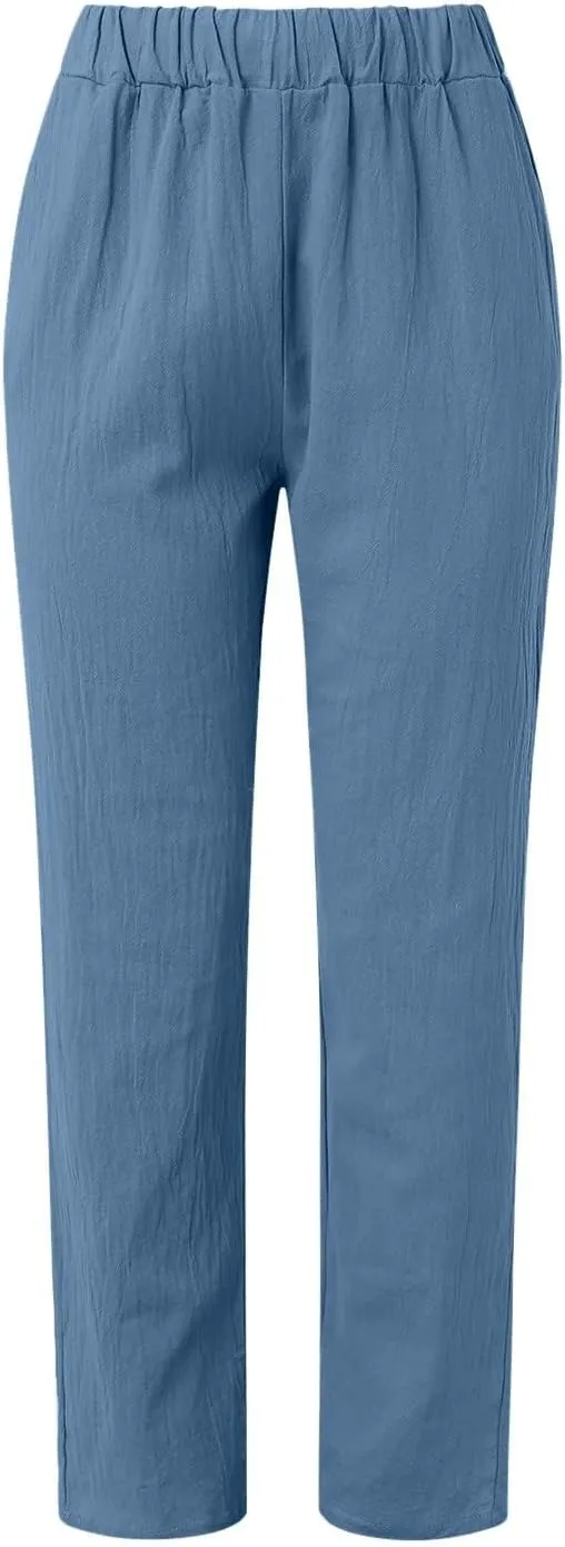 Womens Linen Pants Casual High Waist Straight Leg Pants Summer Comfy Cropped Pant Loose Fit Trousers with Pockets