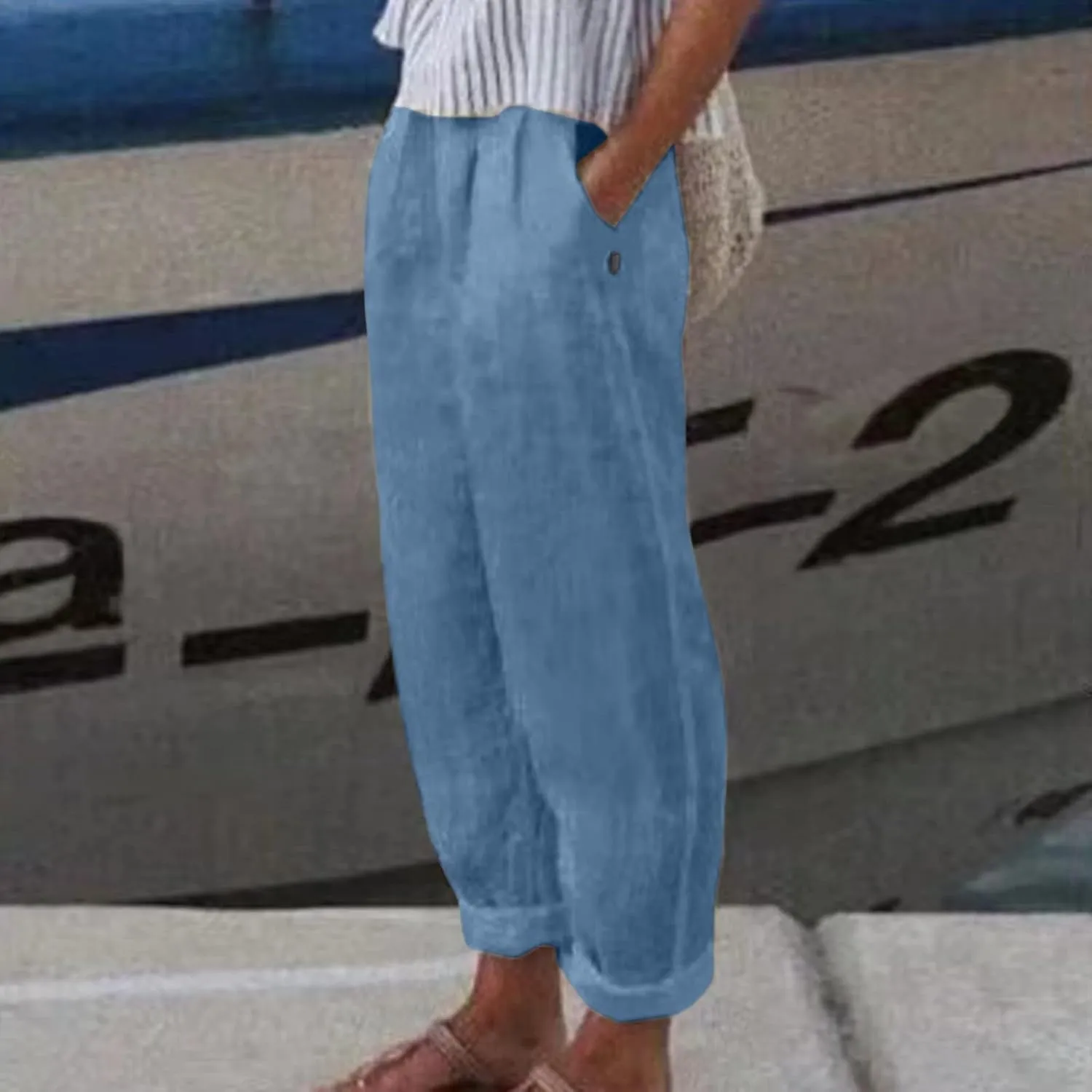 Womens Linen Pants Casual High Waist Straight Leg Pants Summer Comfy Cropped Pant Loose Fit Trousers with Pockets