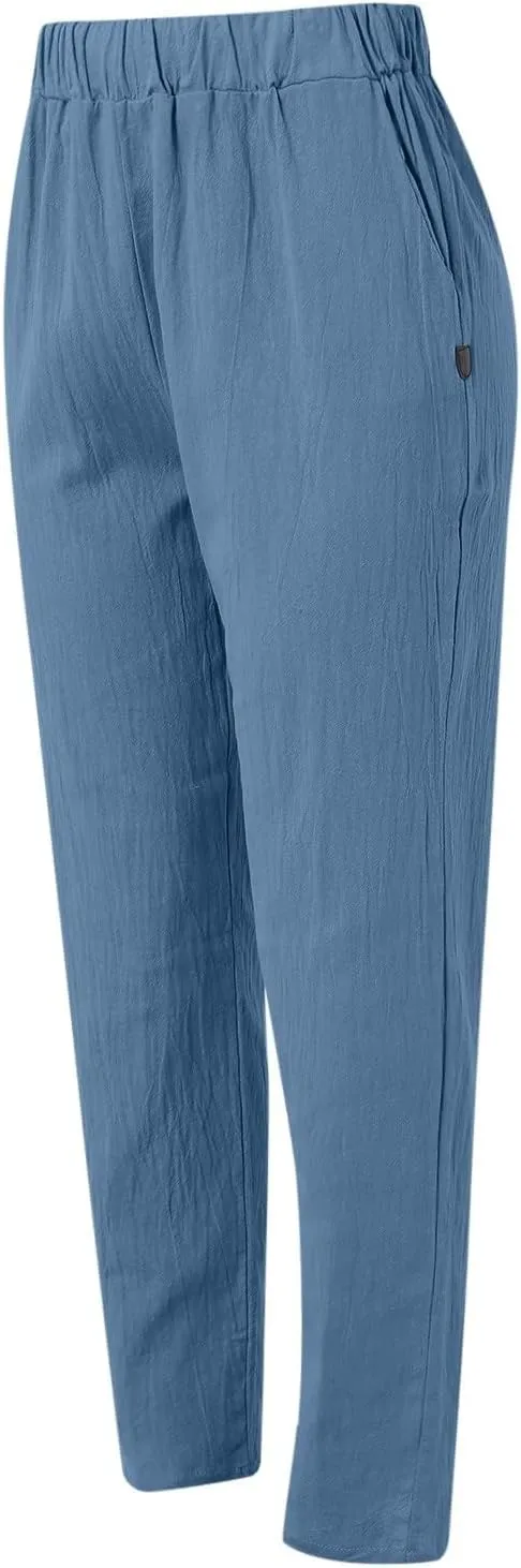 Womens Linen Pants Casual High Waist Straight Leg Pants Summer Comfy Cropped Pant Loose Fit Trousers with Pockets