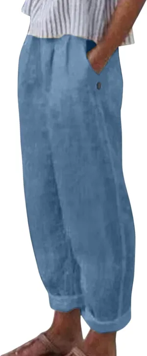 Womens Linen Pants Casual High Waist Straight Leg Pants Summer Comfy Cropped Pant Loose Fit Trousers with Pockets