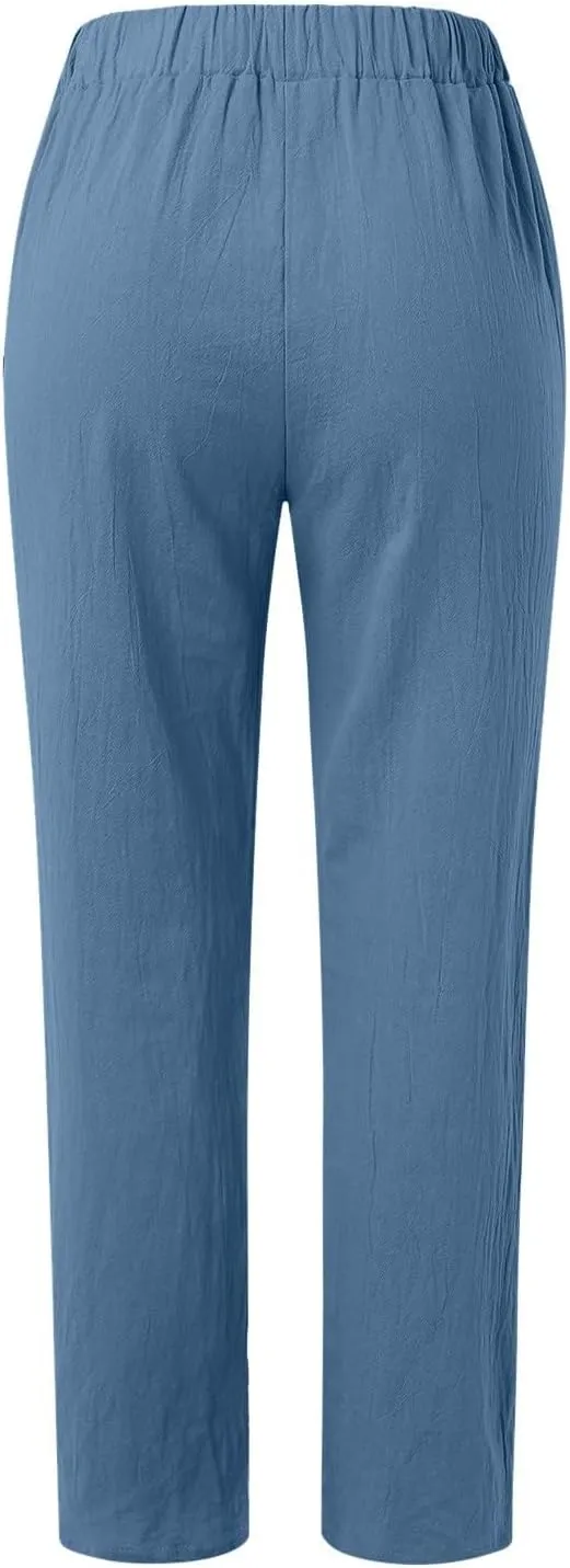 Womens Linen Pants Casual High Waist Straight Leg Pants Summer Comfy Cropped Pant Loose Fit Trousers with Pockets