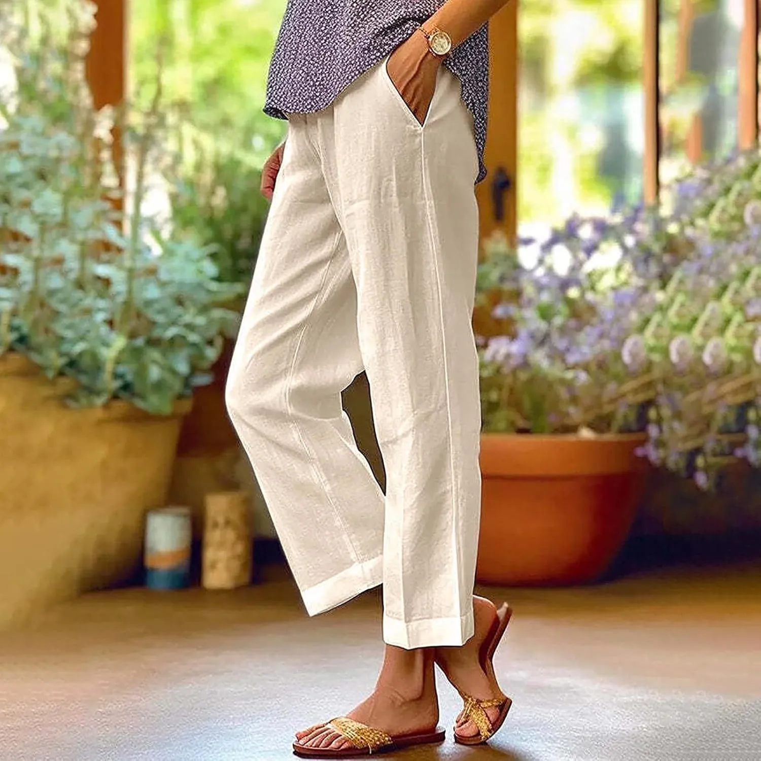 Womens Linen Pants Solid Elastic Pants Long Drawstring Linen Women Waist Cotton Casual Pants Summer Boho Wide Leg