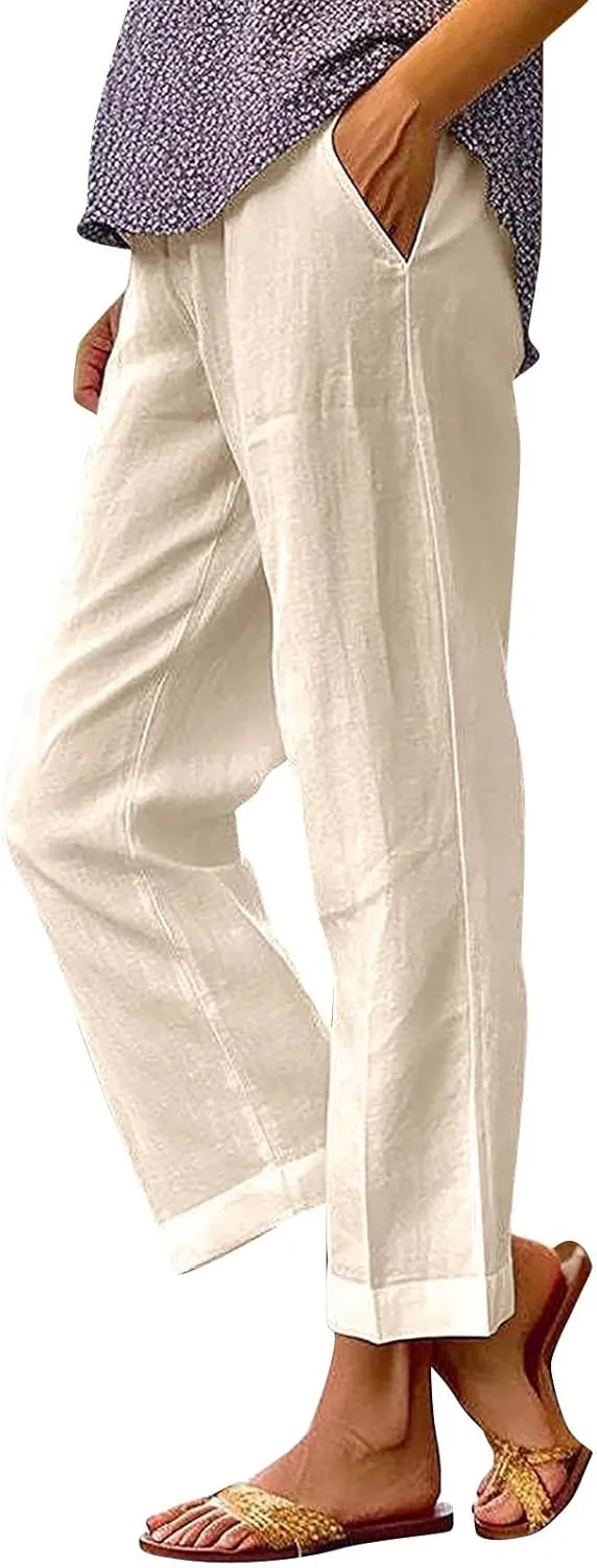 Womens Linen Pants Solid Elastic Pants Long Drawstring Linen Women Waist Cotton Casual Pants Summer Boho Wide Leg