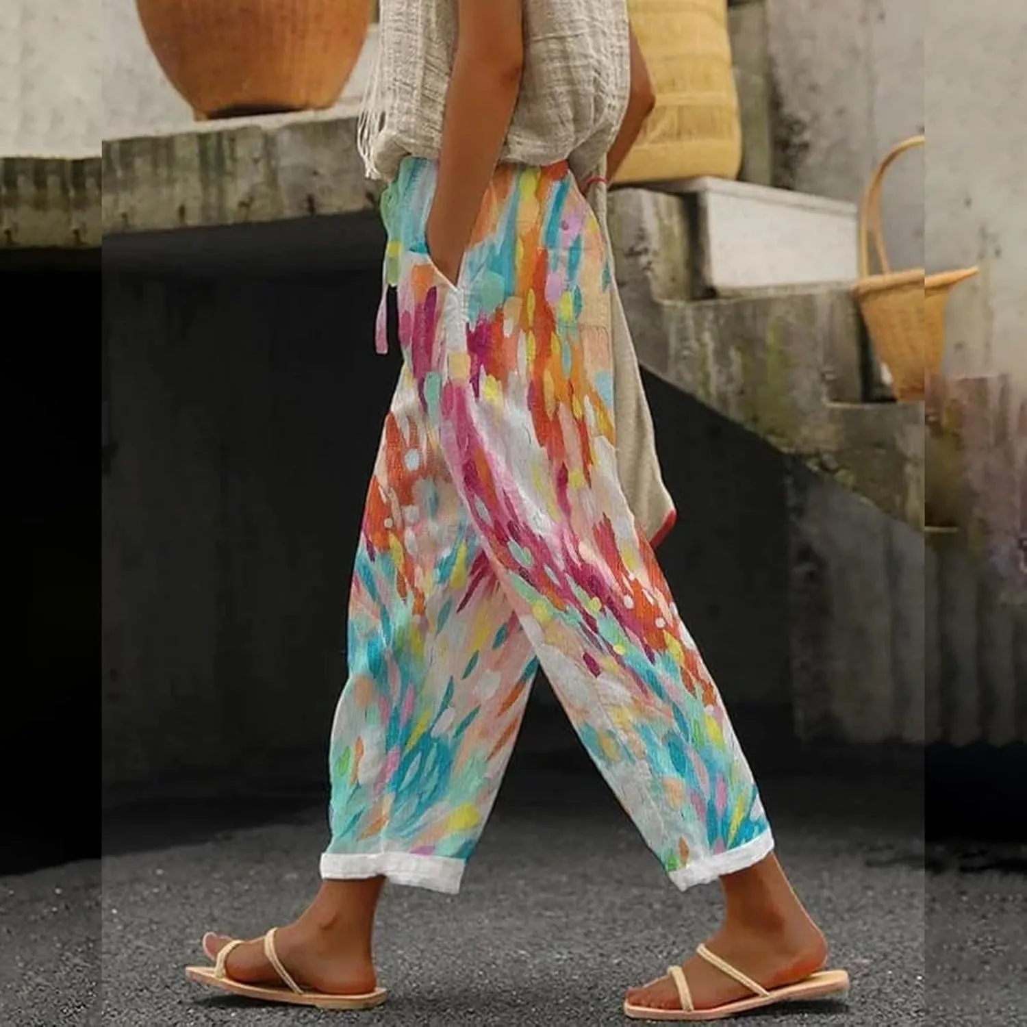Womens Linen Pants Summer Casual Drawstring Pants Casual Elastic Waist Comfy Trousers Capri Pants for Women Jeggings