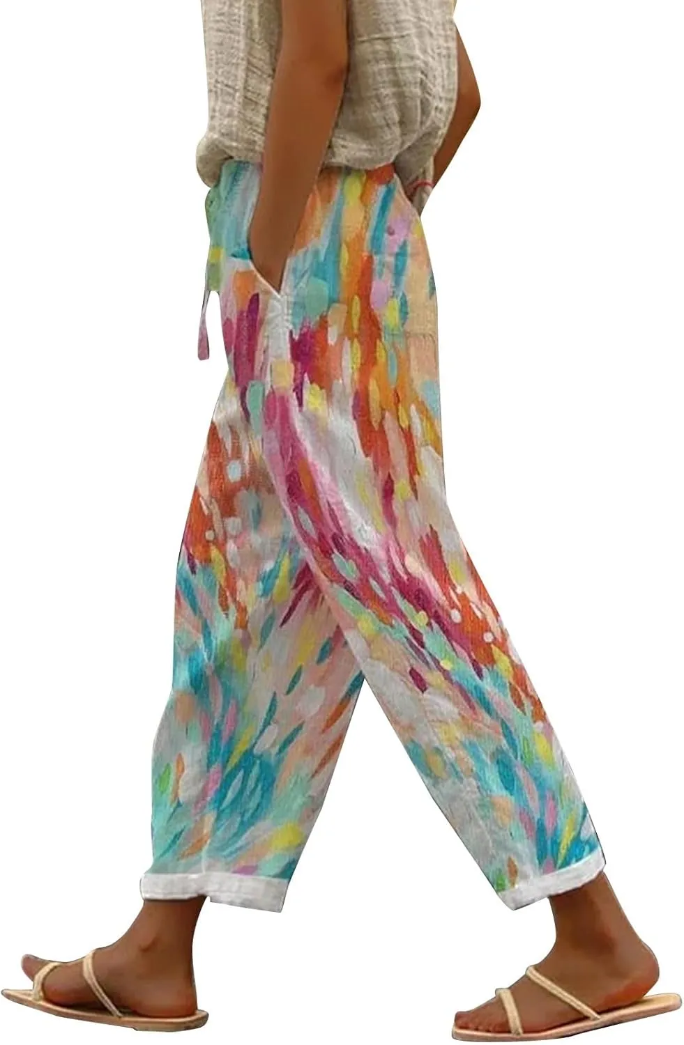 Womens Linen Pants Summer Casual Drawstring Pants Casual Elastic Waist Comfy Trousers Capri Pants for Women Jeggings