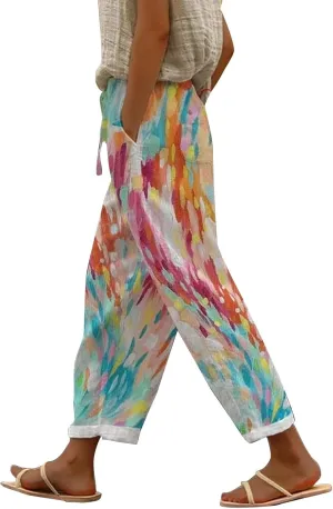 Womens Linen Pants Summer Casual Drawstring Pants Casual Elastic Waist Comfy Trousers Capri Pants for Women Jeggings